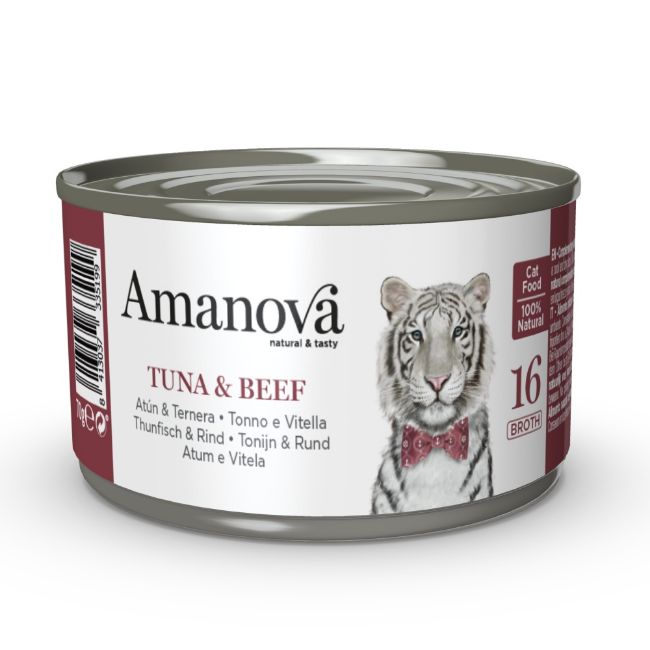 Amanova cat tuna & beef, tuňák s hovězím ve vývaru, doplňkové krmivo pro kočky, superprémiové, bezlepkové