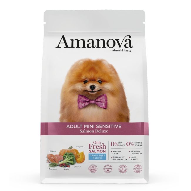 superprémiové krmivo pro dospělé psy malých plemen s citlivou kůží, Amanova dog adult sensitive salmon deluxe, s lososem a dýní, salmon and pumpkin, hypoalergenní, bezlepkové, 100 % přírodní