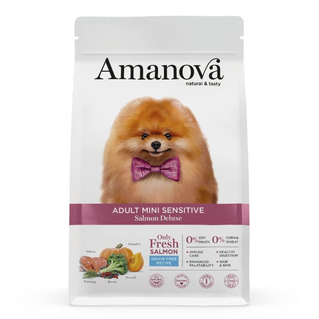 superprémiové krmivo pro dospělé psy malých plemen s citlivou kůží, Amanova dog adult sensitive salmon deluxe, s lososem a dýní, salmon and pumpkin, hypoalergenní, bezlepkové, 100 % přírodní
