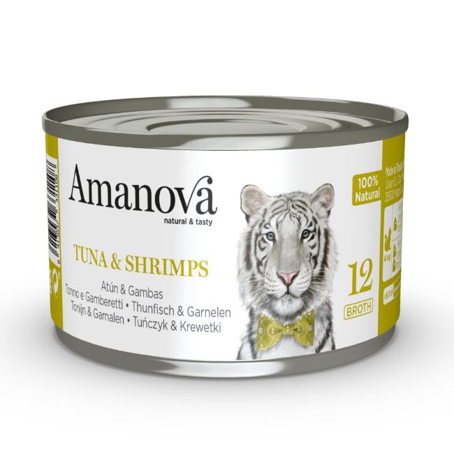 Amanova cat tuna & shrimps, tuňák s krevetami ve vývaru, doplňkové krmivo pro kočky, superprémiové, bezlepkové