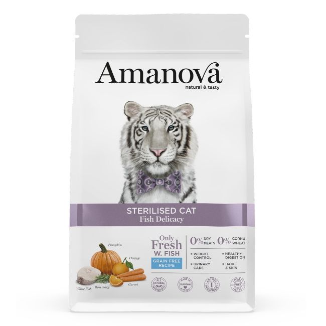 superprémiové krmivo pro kastrované kočky, Amanova cat sterilized white fish, s bílou rybou, hypoalergenní, bezlepkové, 100 % přírodní