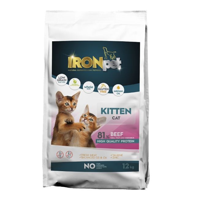 kotě,březí,kojící kočky, IRONpet, Cat Kitten, akce, beef, hovězí, bez lepku, bez soji, bez kuřecího, 12kg, 
