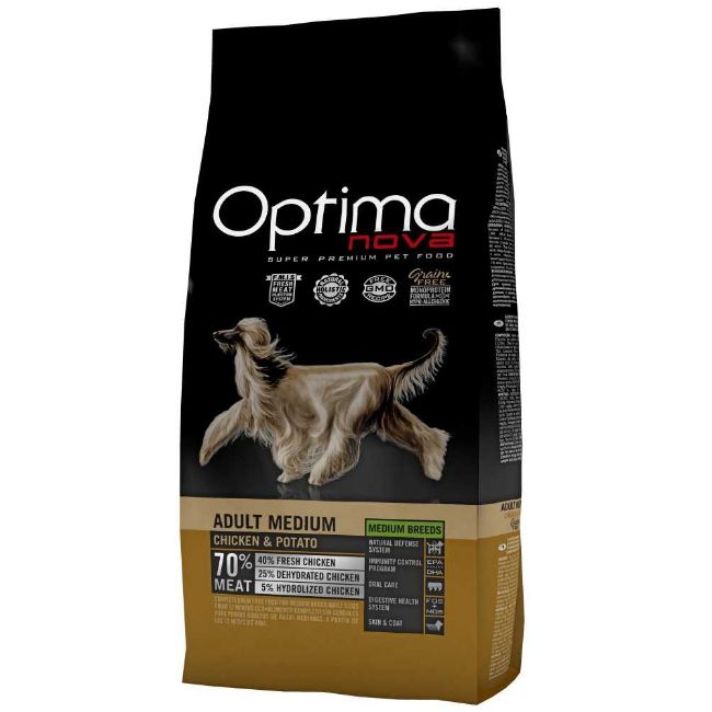 OPTIMAnova dog adult medium, střední plemeno, grain free, bez obilovin, chicken and potato, kuřecí s braborama, superprémiové, hypoalergenní, přírodní