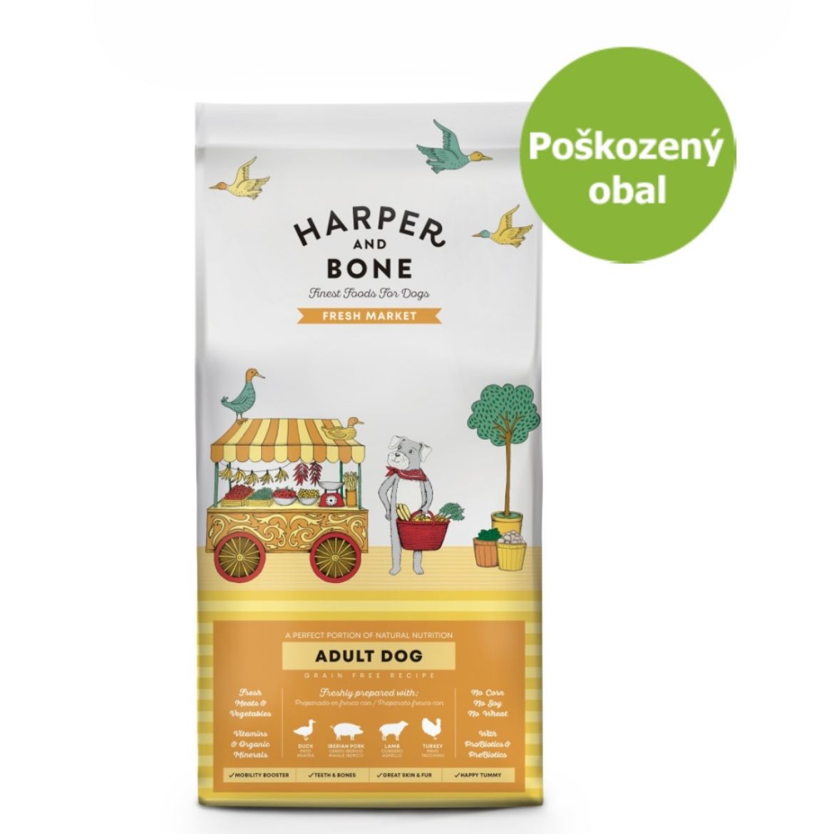 Harper and Bone Dog Adult Large & Medium čerstvé z trhu 12 kg, superprémiové krmivo pro dospělé psy středních a velkých plemen s kachnou, vepřovým, jehněčím a krůtou