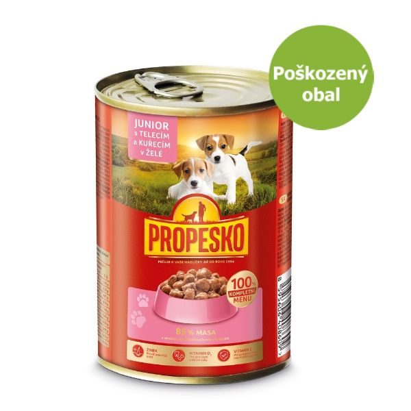 Obrázek PROPESKO Dog Junior telecí, kuřecí v želé, kousky 415 g - Poškozený obal - SLEVA 15 %