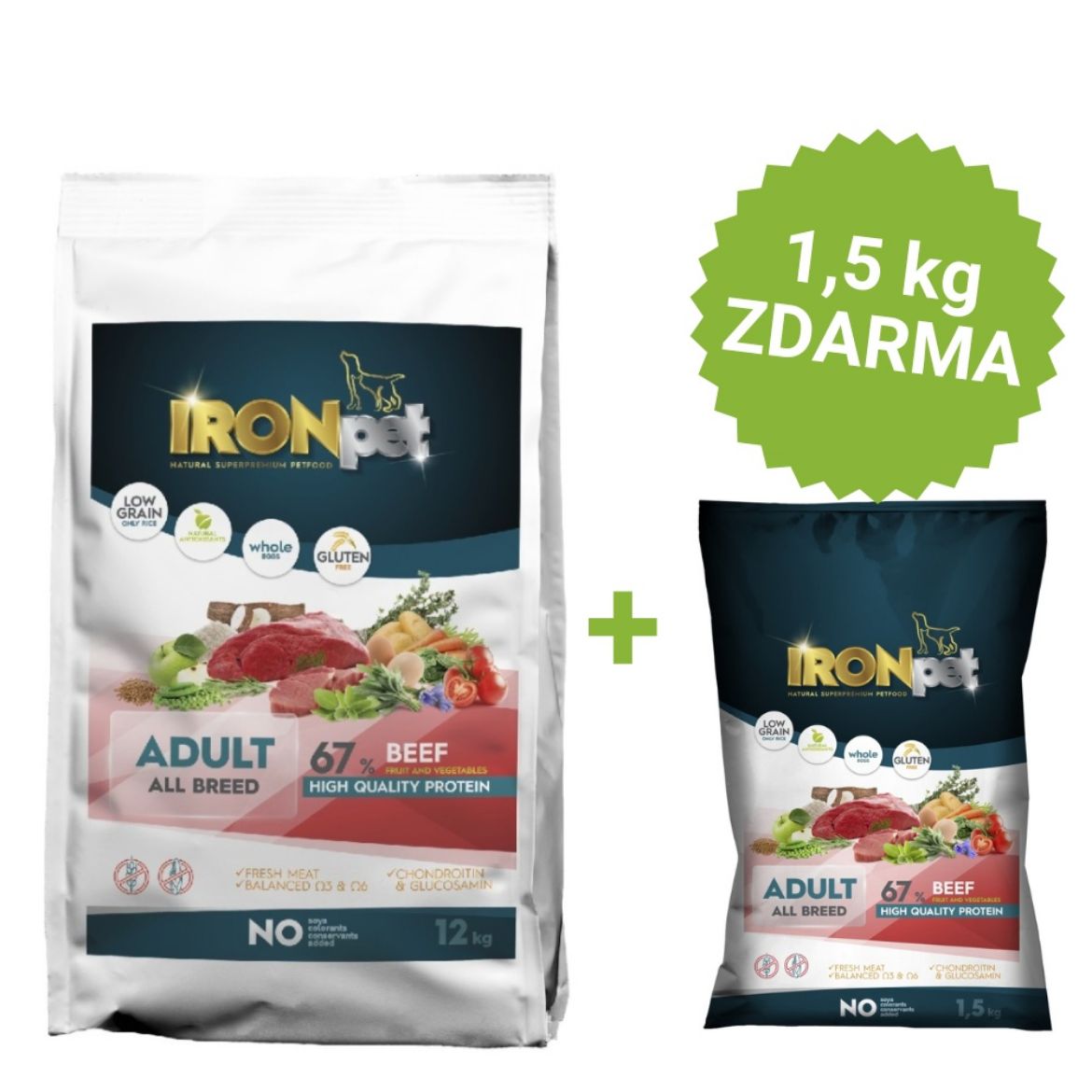 Krmivo pro psy, hovězí maso , dospělý pes, bez lepku, bez kuřecího masa, IRONpet beef, všechna plemena , 12kg + 1,5 zdarma