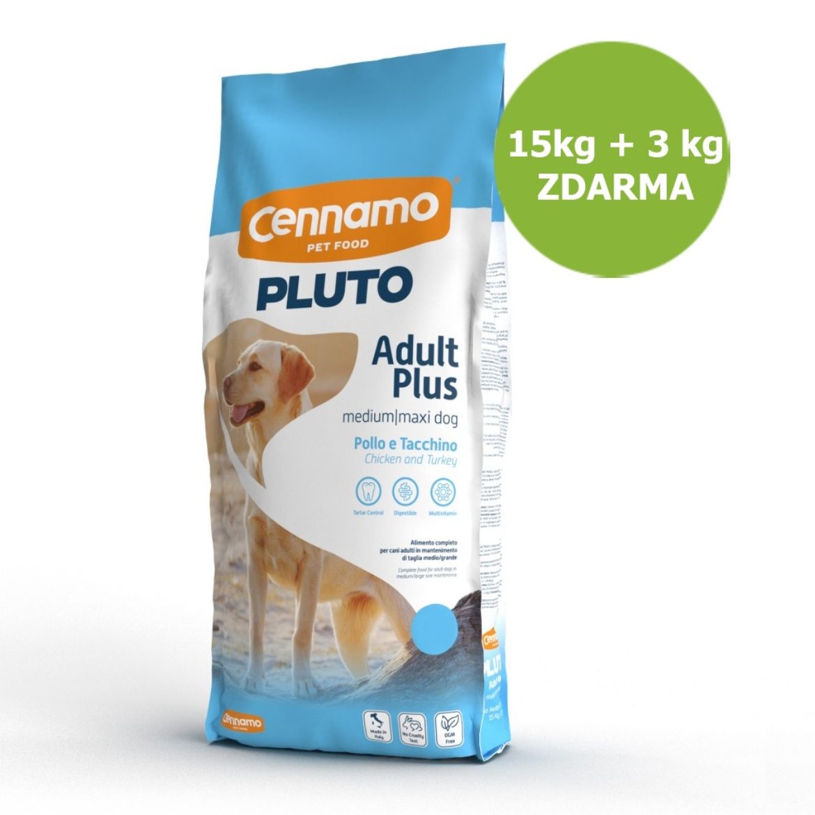 Obrázek z PLUTO Dog Adult Plus Medium/Maxi 15 kg + 3 kg ZDARMA 