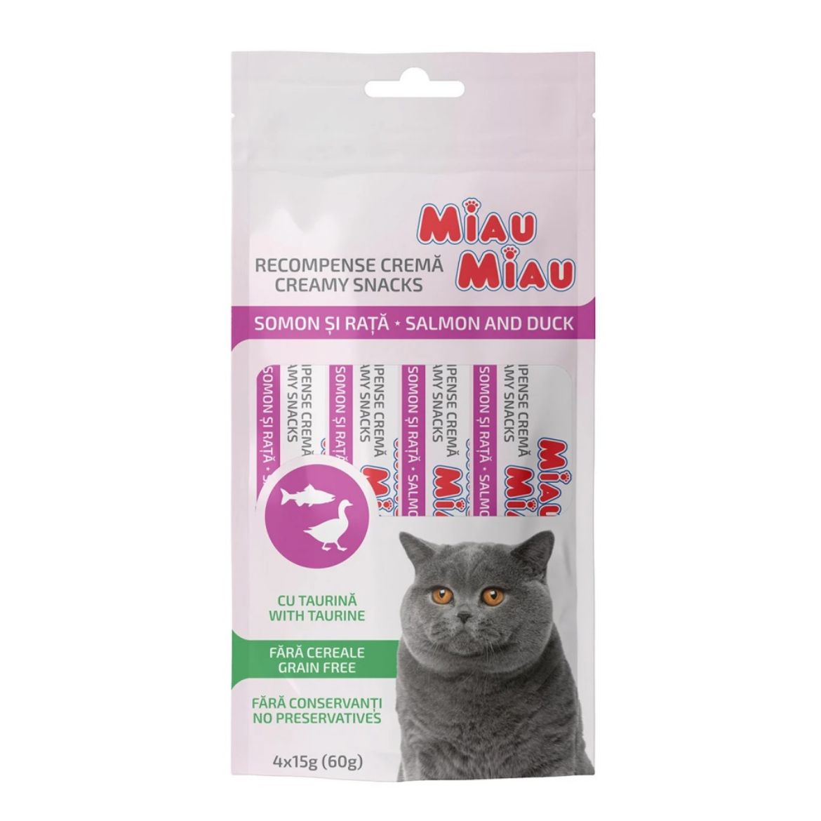 Obrázek z Miau Miau Creamy Snacks Cat losos a kachní 15 g (4 pack) 