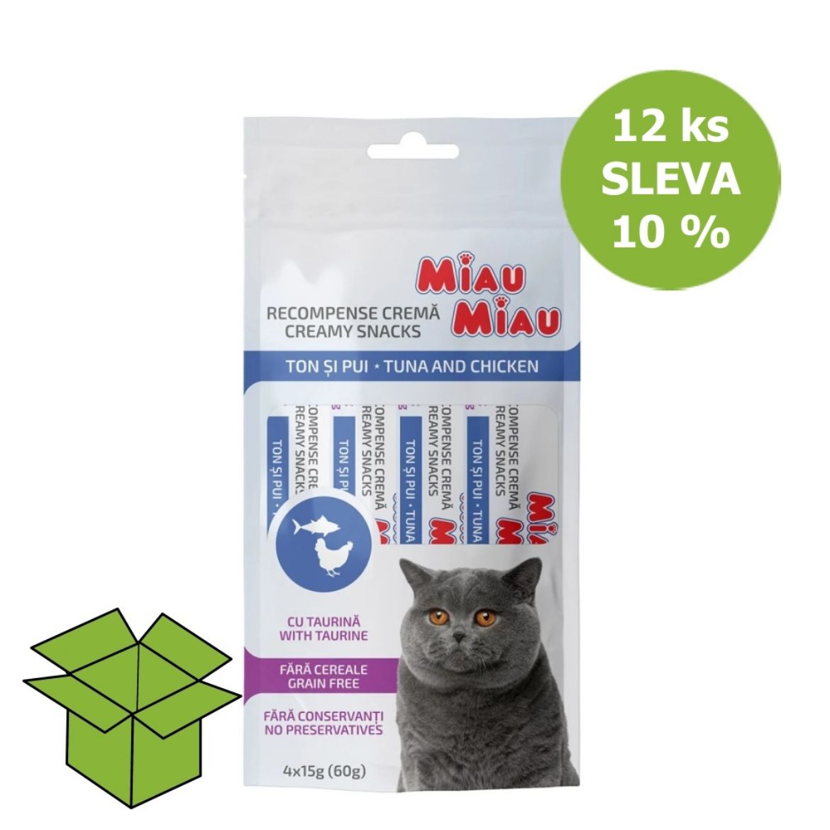 Obrázek z Miau Miau Creamy Snacks Cat tuňák a kuřecí 15 g 4 pack (12 ks) SLEVA 10 % 