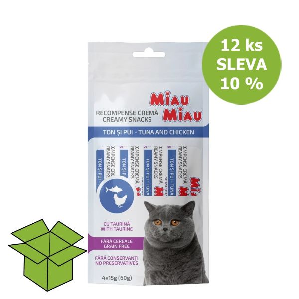 Obrázek Miau Miau Creamy Snacks Cat tuňák a kuřecí 15 g 4 pack (12 ks) SLEVA 10 %