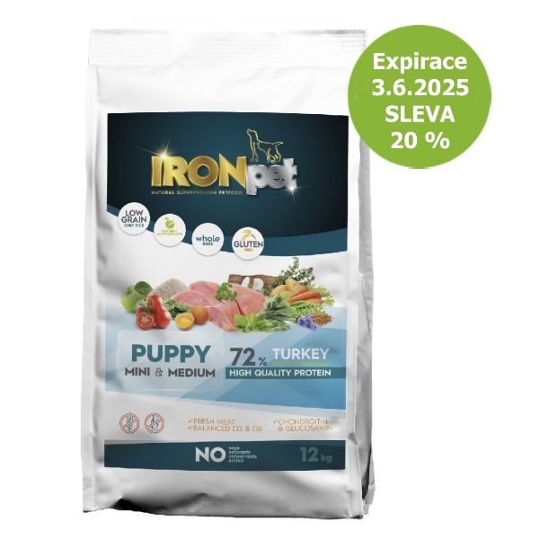 Obrázek IRONpet Dog Puppy Mini & Medium Turkey (Krocan) 12 kg - Expirace 6.6.2025 - SLEVA 20 %