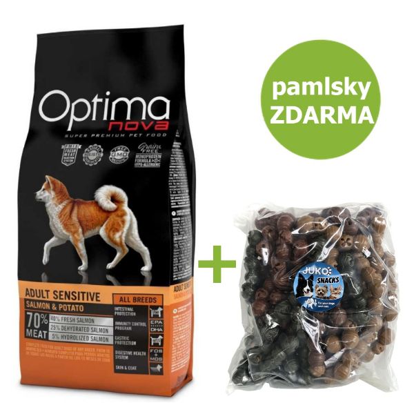 Obrázek OPTIMAnova Dog Adult Sensitive Salmon & Potato GF 12 kg + Pamlsek Caterpillar with meat 2 kg ZDARMA
