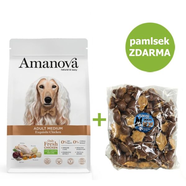 Obrázek Amanova Dog Adult Medium Chicken & Quinoa LG 12 kg + Pamlsek Turtle with meat 2 kg ZDARMA