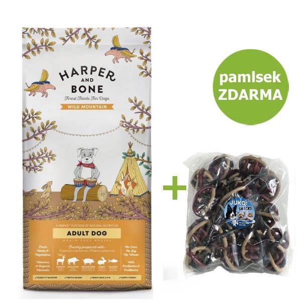 Obrázek Harper and Bone Dog Adult Large & Medium divoké hory 12 kg + Pamlsek Ball with meatball 1,5 kg