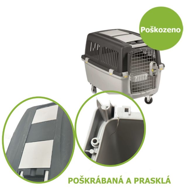 přepravka, přenoska Gulliver velikost 7, kovová dvířka, IATA, plastová miska, plastové boční průduchy, nosnost 50 kg , šedá, kolečka