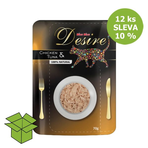 Desire premium s trhaným masem Kuře a Tuňák, kapsička 70 g (12 ks) SLEVA 10 % Desire premium s trhaným masem Kuře a Tuňák, kapsička 70 g (12 ks) SLEVA 10 %