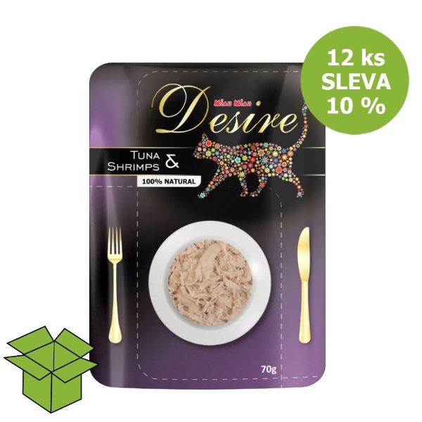 Desire premium s trhaným masem Tuňák a Krevety, kapsička 70 g (12 ks) SLEVA 10 %