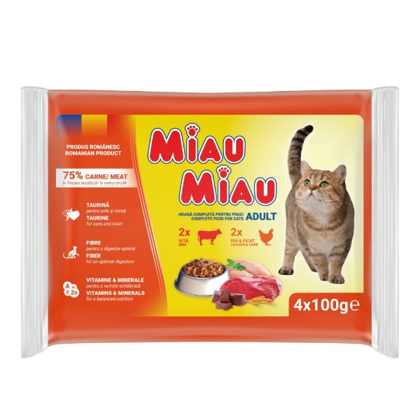 Miau Miau Cat mix hovězí a kuřecí, kapsa 100 g (4 pack)