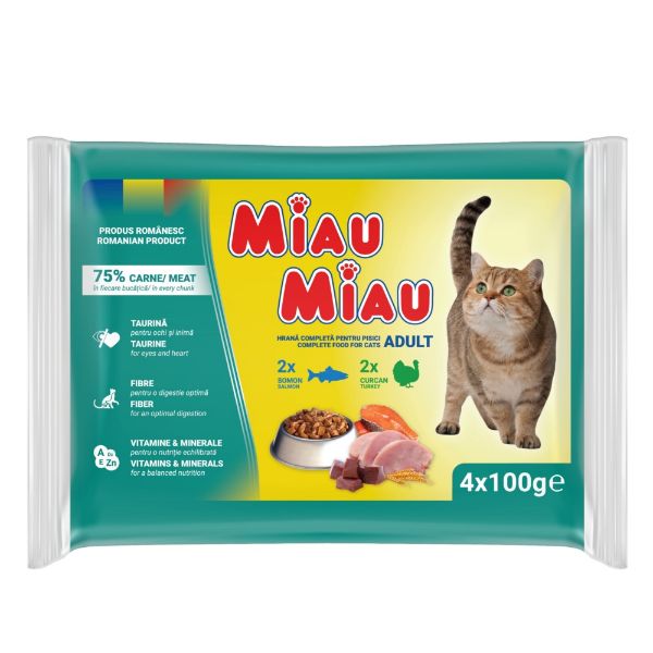 Miau Miau Cat mix krůta a losos, kapsa 100 g (4 pack)