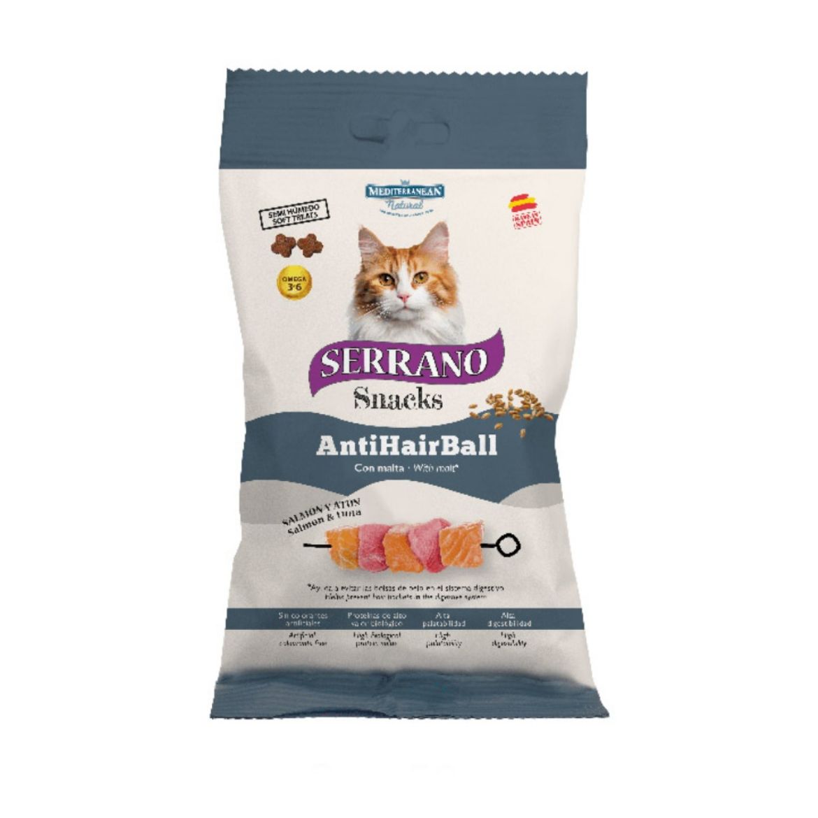 Serrano pamlsek pro kočku, snack, losos a tuňák, malé kousky, antihairball, proti bezoárům, 50g, bez lepku, s čerstvým masem