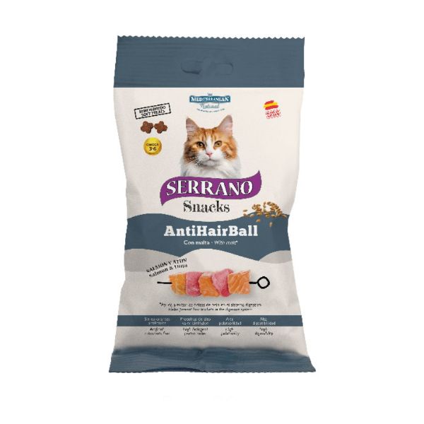 Serrano pamlsek pro kočku, snack, losos a tuňák, malé kousky, antihairball, proti bezoárům, 50g, bez lepku, s čerstvým masem