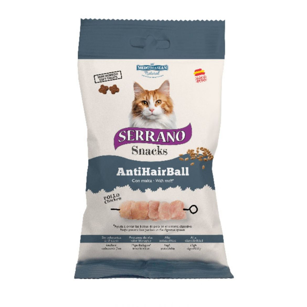 Serrano pamlsek pro kočku, snack, kuře, malé kousky, antihairball, proti bezoárům, 50g, bez lepku, s čerstvým masem