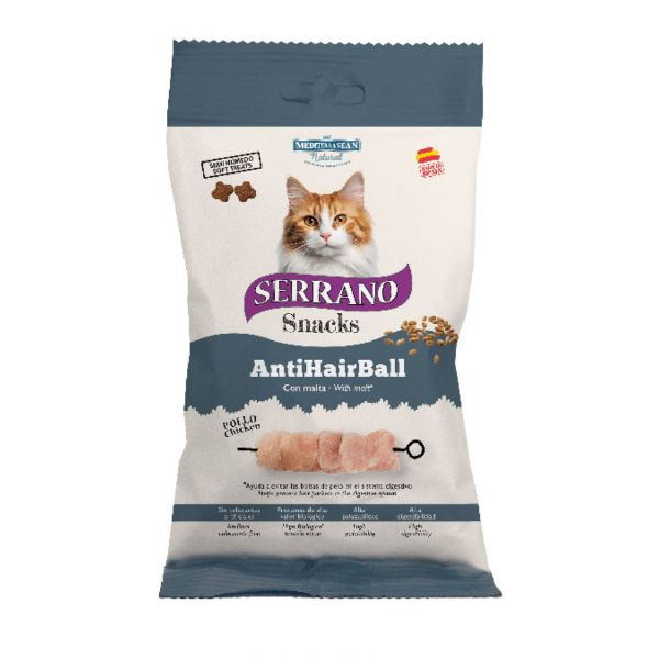 Serrano pamlsek pro kočku, snack, kuře, malé kousky, antihairball, proti bezoárům, 50g, bez lepku, s čerstvým masem