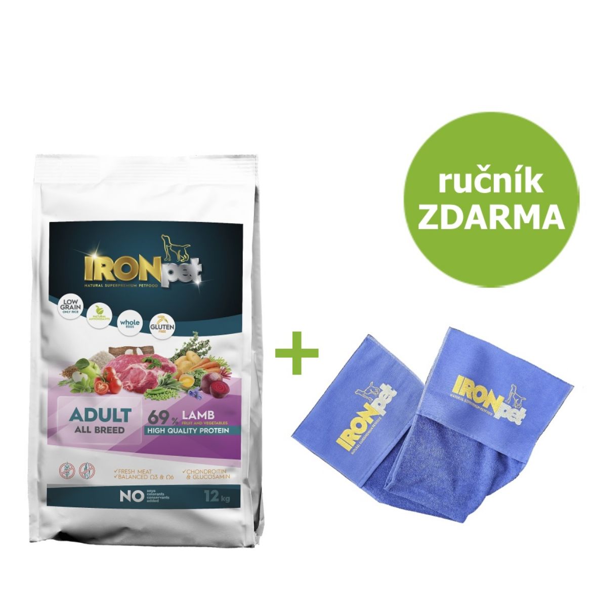 IRONpet Dog Adult All Breed Lamb (Jehněčí) 12 kg + Ručník ZDARMA