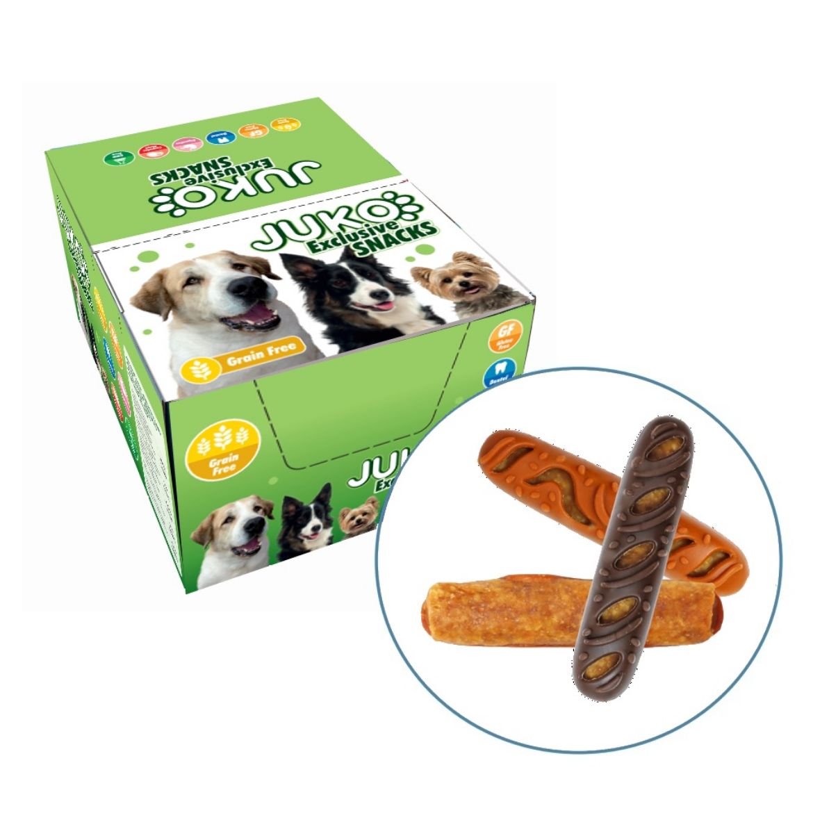 bageta plněná masem, pamlsek pro psa, žvýkací pamlsek,