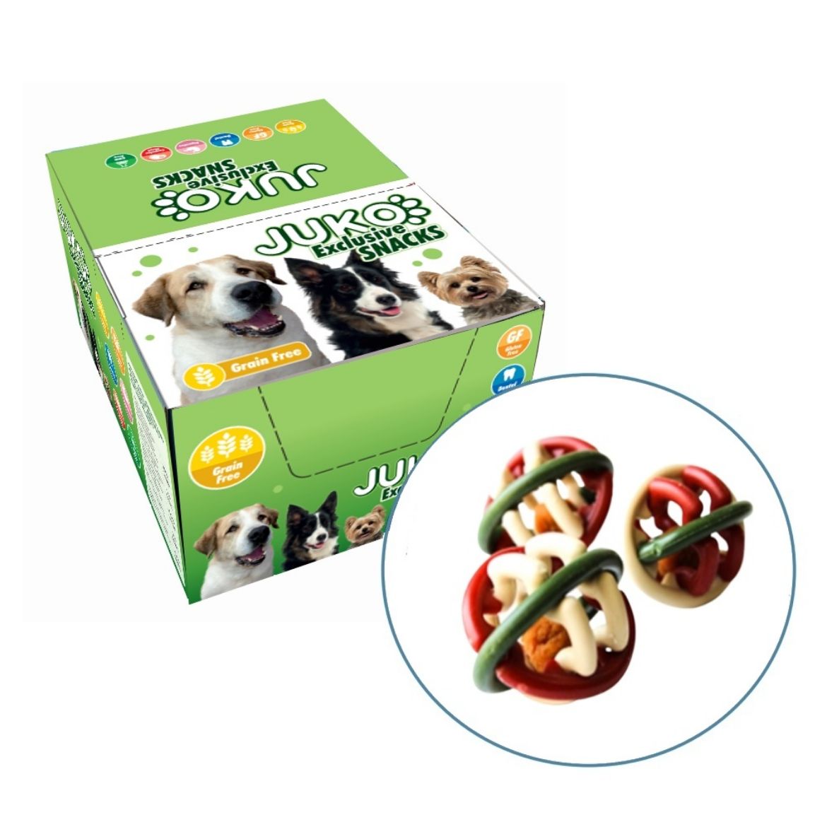 chrastítko pamlsek pro psa míček plněný masem, 8cm grain free, bez obilný