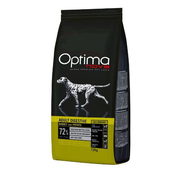 OPTIMAnova dog adult digestive, citlivé trávení, všechny plemena, rabbit and potato, králík a brambory, hypoalergenní, monoproteinové, superprémiové, přírodní, grain free, bez obilovin
