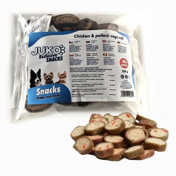 Chicken & pollock vege roll. Lahodné a měkké rolky s kuřecím masem , treskou a zeleninou. 100 % přírodní pamlsek