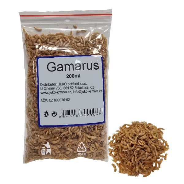 Gammarus je 100% přírodní sušený sladkovodní korýš, bohatý na kvalitní proteiny, minerály a stopové prvky. 200 ml sáček