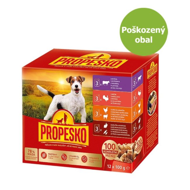 PROPESKO kapsička pro psy, kompletní mokré krmivo pro dospělé psy, 12 pack,  s hovězím, krůtím, s kuřecím a jehněčím, s králíčím a karotkou