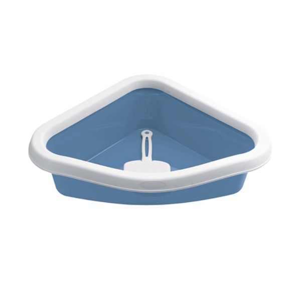 WC, toaleta, záchod pro kočku, otevřené, s lopatkou, rohový, trojúhelníkový, šedo modrý, velikost 40 x 56 x 14 cm