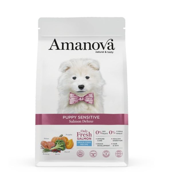 superprémiové krmivo pro štěňata s citlivou kůží, Amanova dog puppy sensitive salmon deluxe, s lososem a dýní, lamb and pumpkin, hypoalergenní, bezlepkové, 100 % přírodní