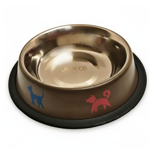 nerez miska pro psa, hnědá, potisk psi, protiskluz, na krmivo, vodu, 1,55l