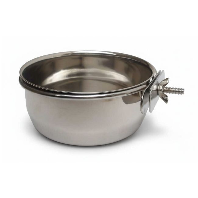 Nerez miska 0,95 L, se svorkou, možnost zavěsit na klec, kotec, miska jištěná proti převrácení, miska pro ptáky, hlodavce, do přepravních klecí, pro kočky, psi,