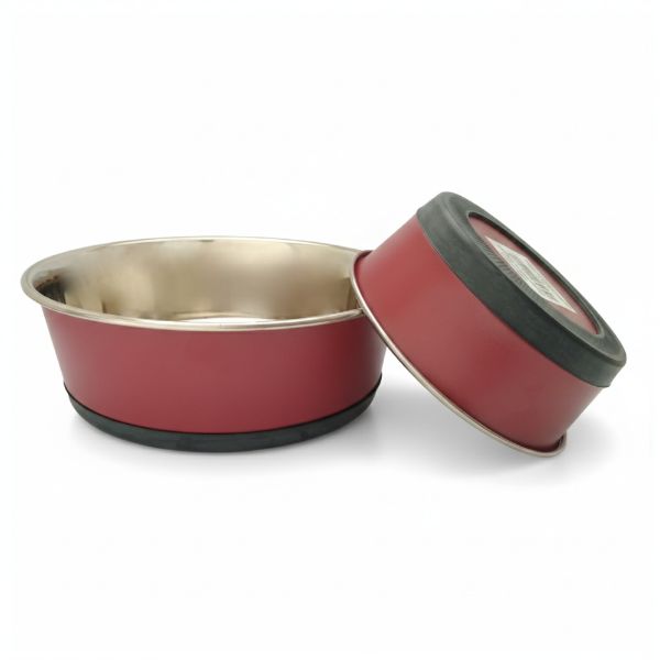 Nerez miska, těžká, 0,55L, červená - vínová, matná, protiskluzový kroužek, odolná proti převrácení, pro psa, pro  kočku