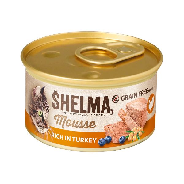 Shelma Cat Mousse krůtí, borůvky, rakytník GF, konzerva 85 g