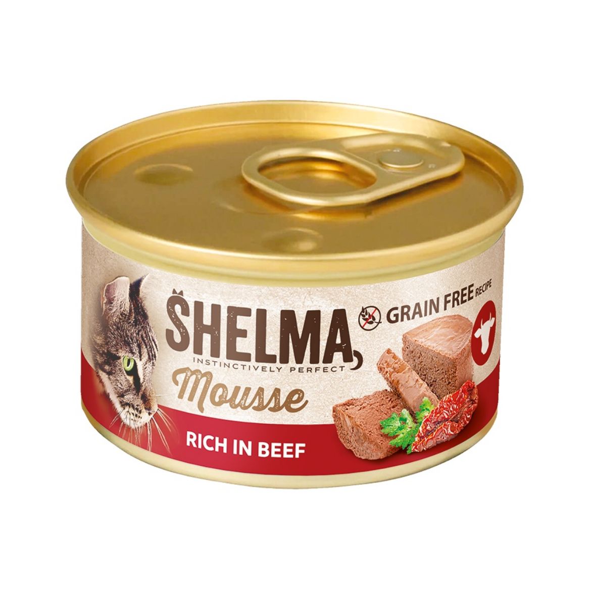 Shelma Cat Mousse hovězí, rajče, petržel GF, konzerva 85 g