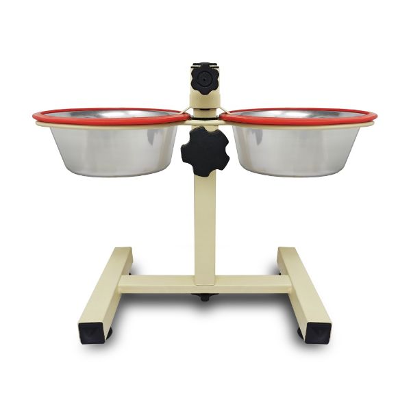 Stojan s miskami na vodu a krmivo, miska ke které se pes neshýbá, vyvýšená miska, nastavitelná výška, se silikonovými kroužky proti hluku, 2x4,3 L