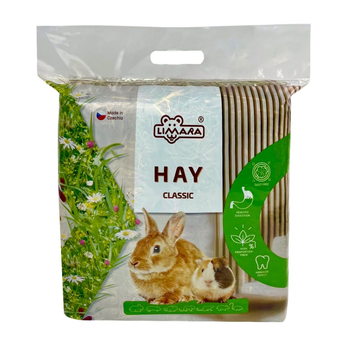 seno, bezprašné, podestýlka pro malá domácí zvířata, součást stravy králiků. 