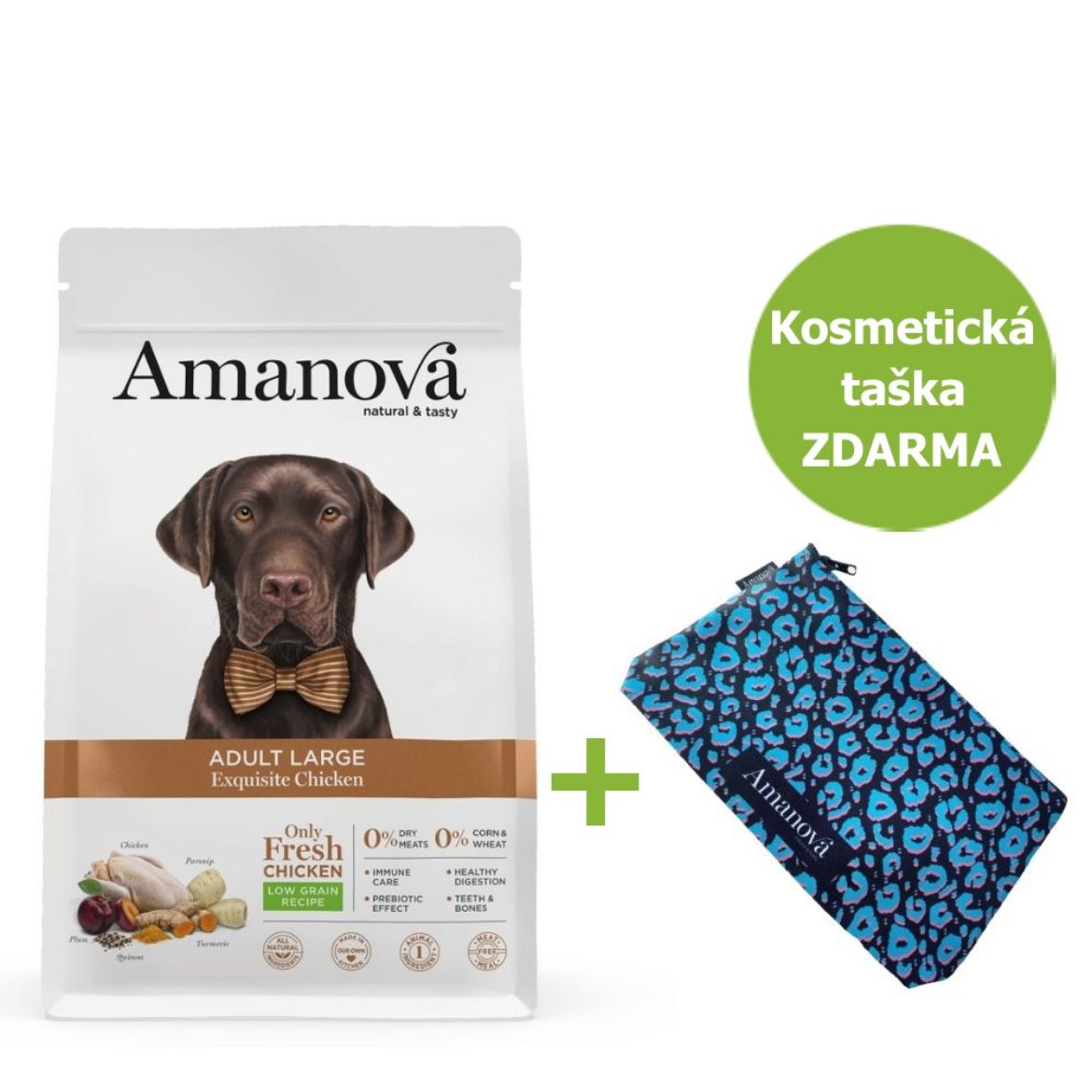 Amanova Dog Adult Large Chicken & Quinoa LG 12 kg + Kosmetická taška ZDARMA