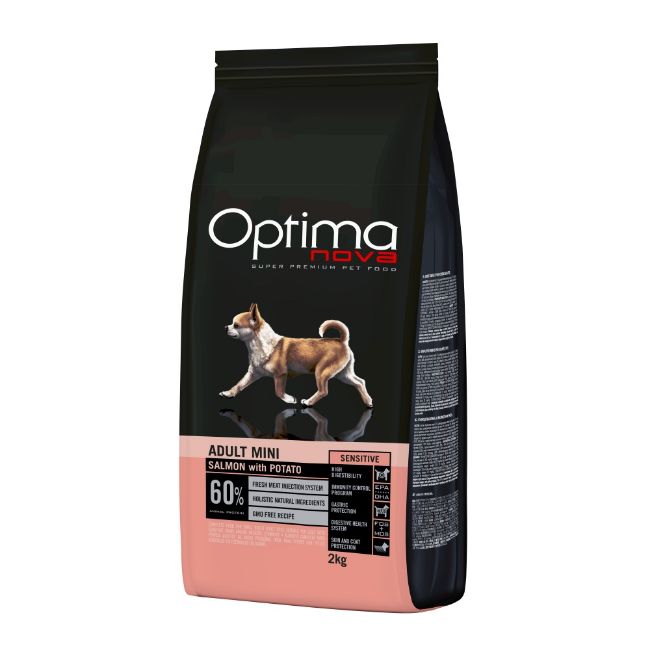 OPTIMAnova dog adult mini, malá plemena, sensitive, citlivé zažívání, hypoalergenní, losos a brambory, salmon and potato, superprémiové
