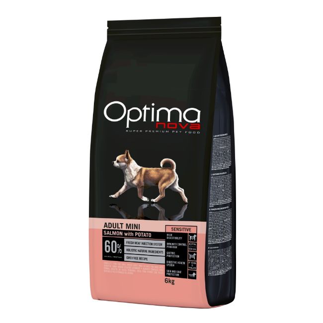 OPTIMAnova dog adult mini, malá plemena, sensitive, citlivé zažívání, hypoalergenní, losos a brambory, salmon and potato, superprémiové