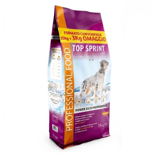 Top Sprint power horse & rice, kompletní krmivo pro pracovní a sportovní psy v údržbě, s koňským a rýží Top Sprint Power Horse & Rice 15 kg + 3 kg ZDARMA