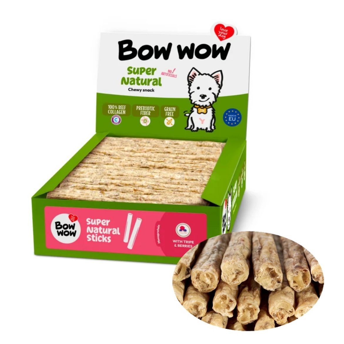 Naturální tyč plněná dršťkami, pochoutka pro psy, bow wow