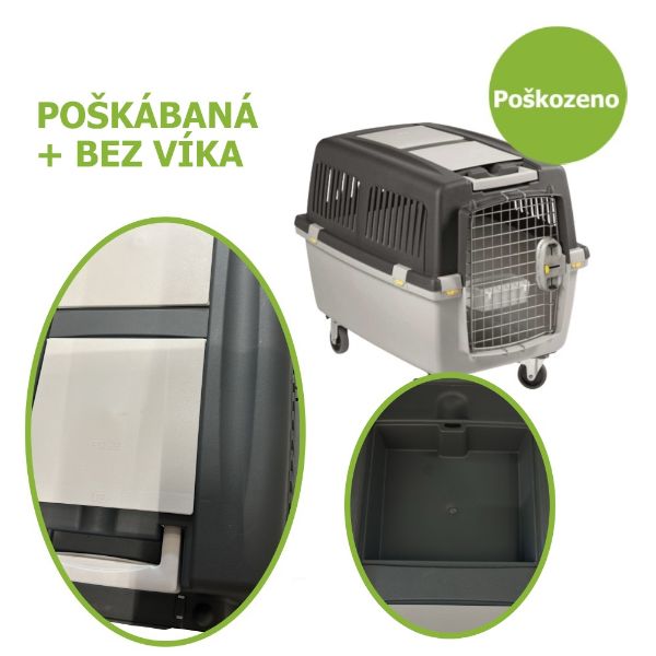 přepravka, přenoska Gulliver velikost 4, kovová dvířka, IATA, plastová miska, nosnost do 18 kg , šedá, kolečka