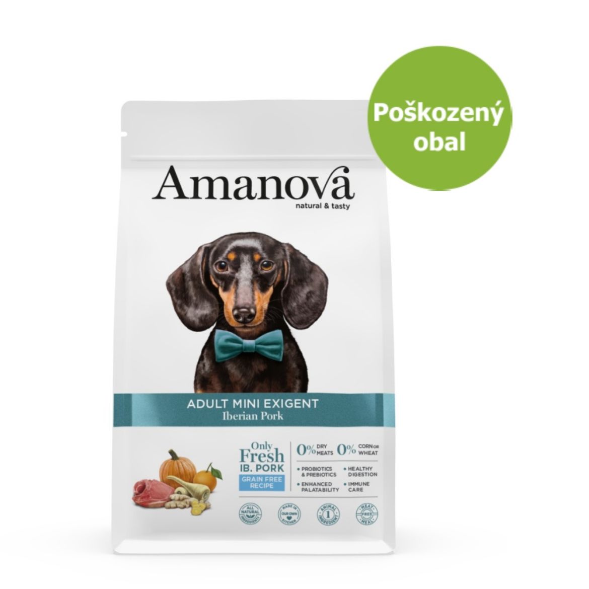 superprémiové krmivo pro dospělé vybíravé a mlsné psy malých plemen, Amanova dog exigent mini, s iberským vepřovým a dýní, iberian pork and pumpkin, hypoalergenní, bezlepkové, 100 % přírodní